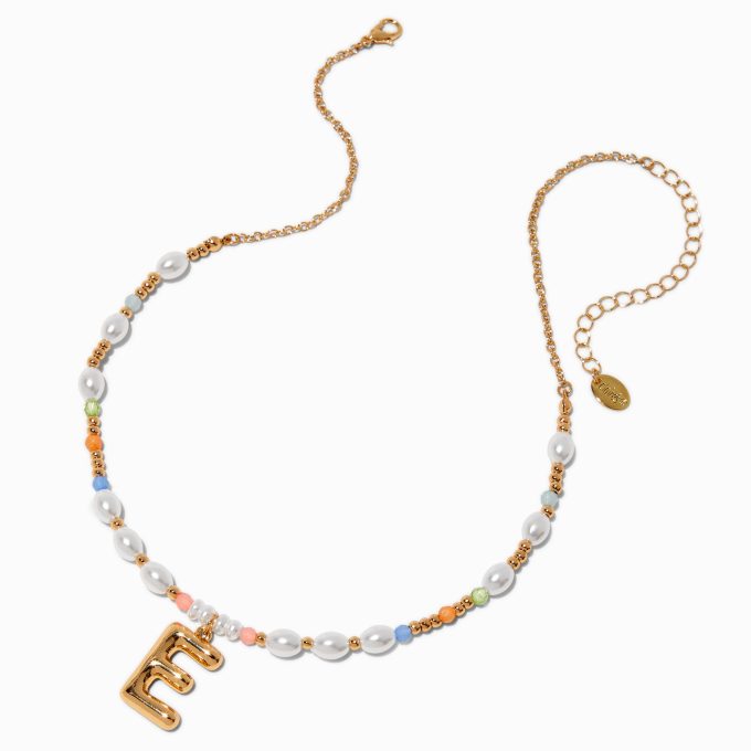 Gold-tone Bubble Initial Pastel Beaded Pendant Necklace - E