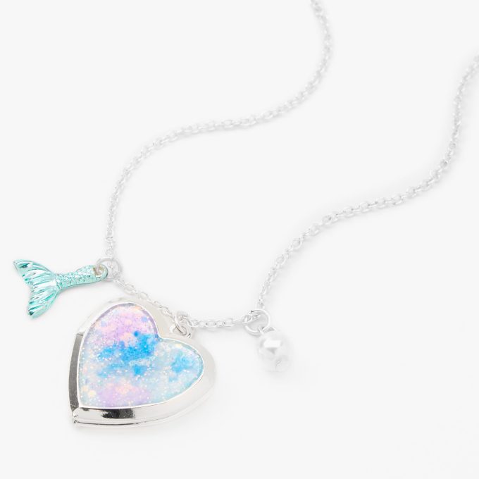Silver Mermaid Heart Locket Pendant Necklace
