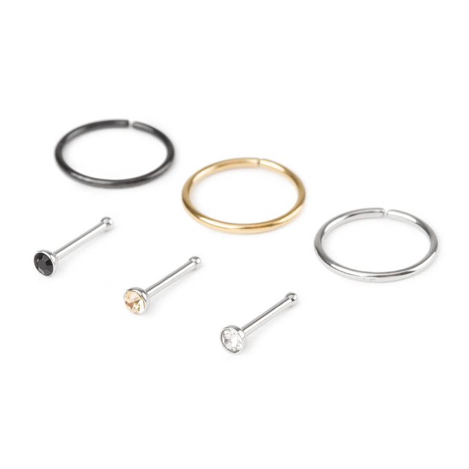 20G Mixed Metal Stainless Steel Hoops & Crystal Nose Studs - 6 Pack