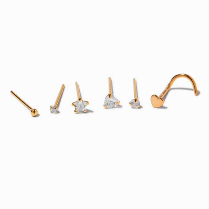 22G Gold-tone Sterling Silver Mixed Crystal Nose Studs - 6 Pack