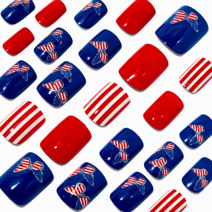 Stars & Stripes Butterfly Square Press On Faux Nail Set - 24 Pack