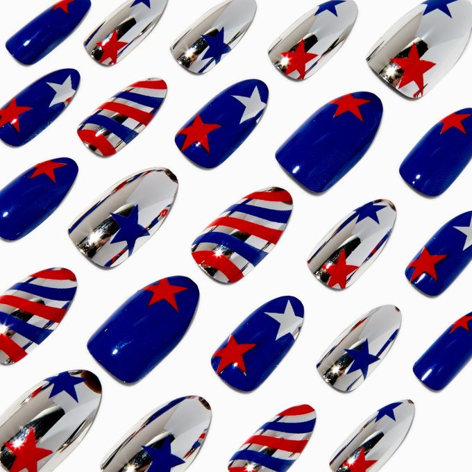 Stars & Stripes Metallic Stiletto Press On Faux Nail Set - 24 Pack