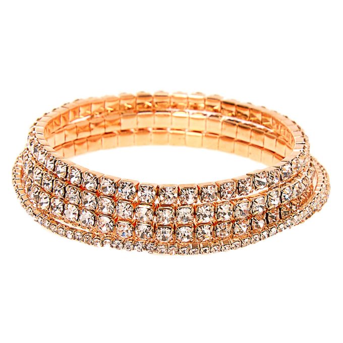 Rose Gold-tone Rhinestone Stretch Bracelets - 5 Pack