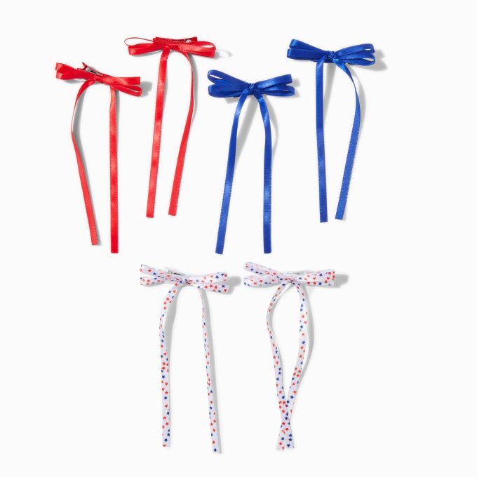 Stars & Stripes Long Tail Hair Bow Clips - 6 Pack