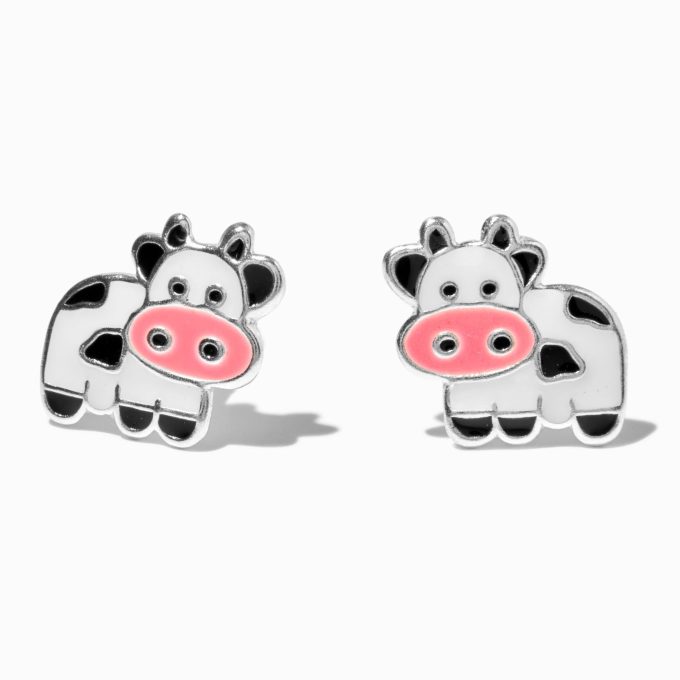 Sterling Silver Enamel Cow Stud Earrings