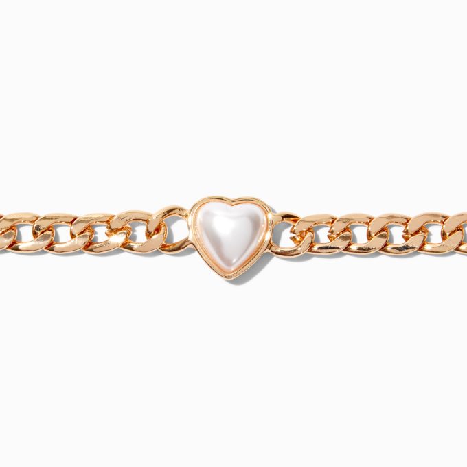 Gold-tone Pearl Heart Choker Necklace