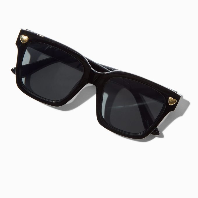 Gold Heart Studded Black Rectangular Sunglasses