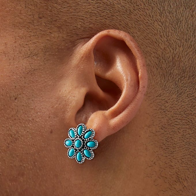 Turquoise Flower Cowgirl Silver-tone Stud Earrings