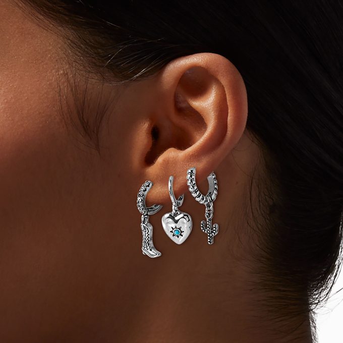 Silver-tone Cowgirl Hoop Earring Stackables Set - 3 Pack