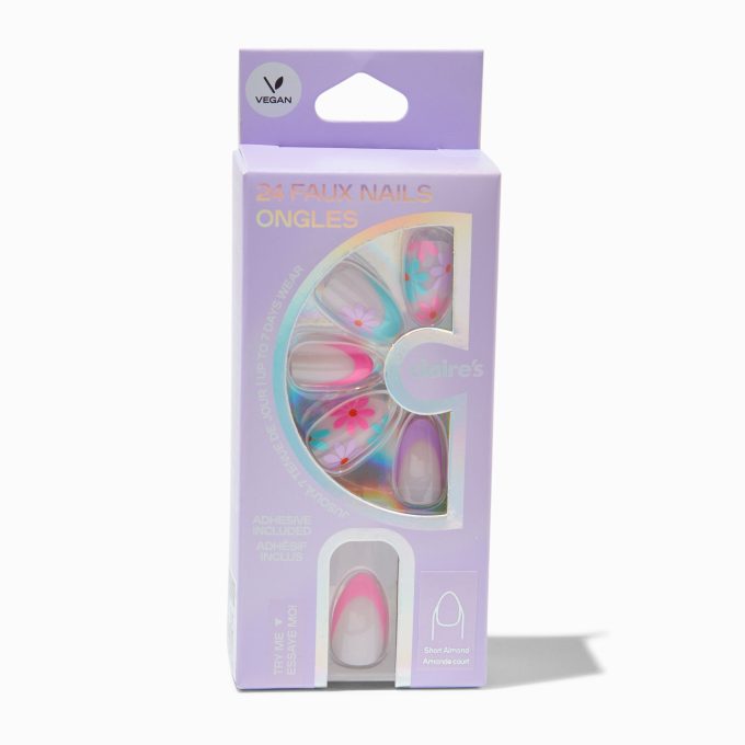 Multi Daisy French Almond Vegan Faux Nail Set - 24 Pack