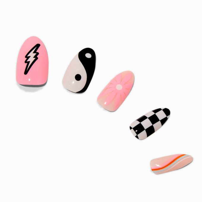 Check, Lightning Bolt & Yin Yang Stiletto Vegan Faux Nail Set - 24 Pack