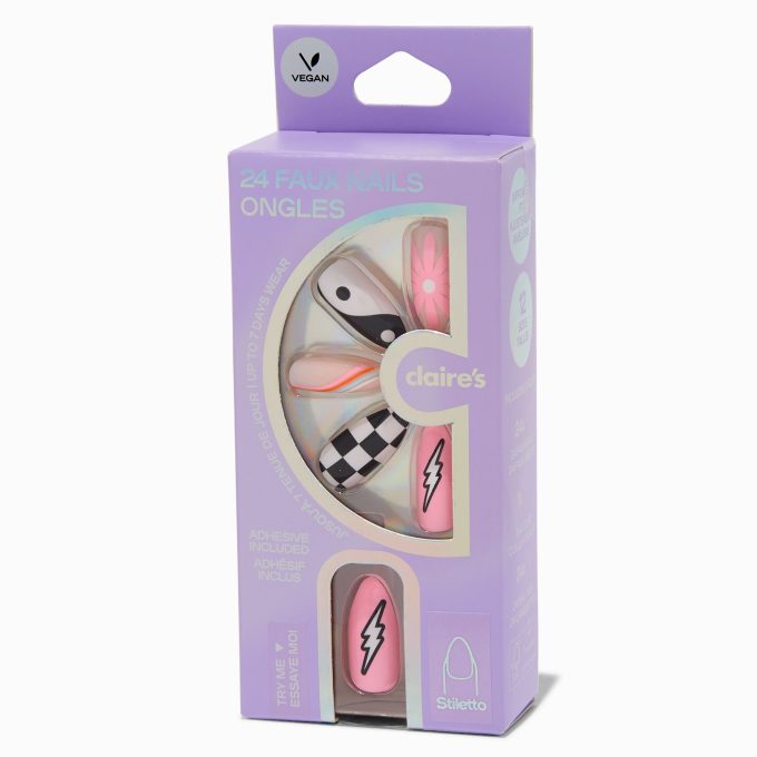 Check, Lightning Bolt & Yin Yang Stiletto Vegan Faux Nail Set - 24 Pack