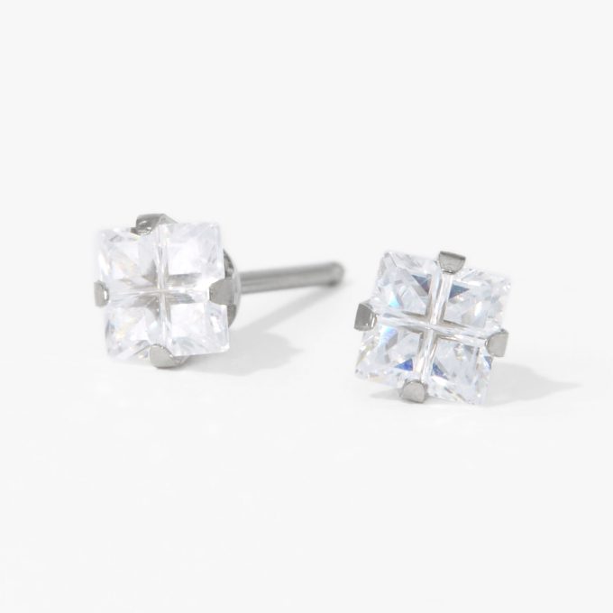 Stainless Steel 4mm Square Cubic Zirconia Studs Ear Piercing Kit with Ear Care Solution