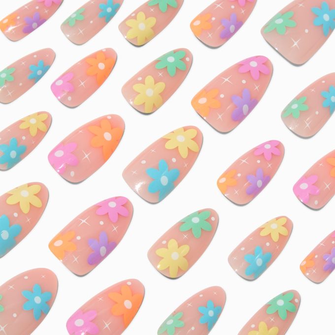 Multicolored Daisy Long Almond Vegan Faux Nail Set - 24 Pack