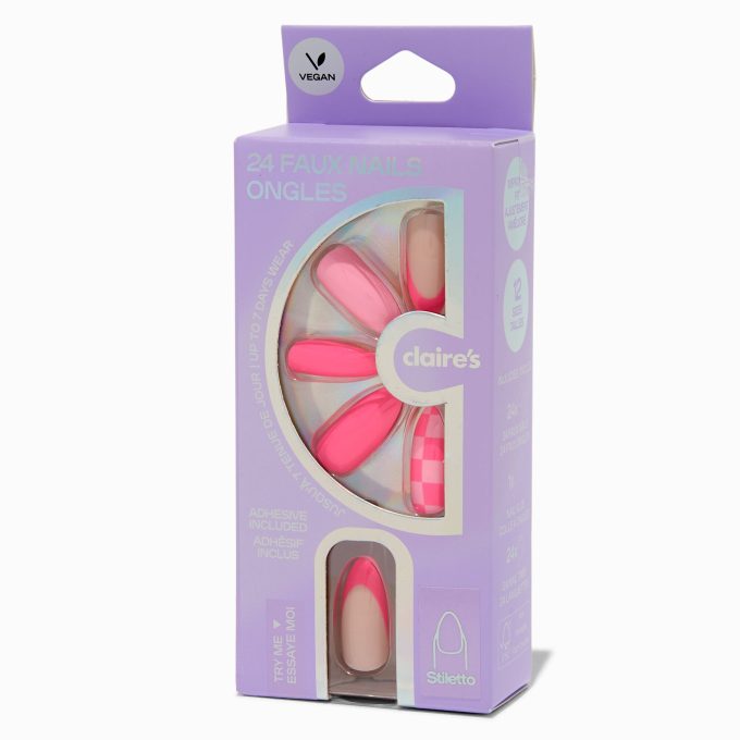 Pink Checkered French Tip Stiletto Vegan Faux Nail Set - 24 Pack