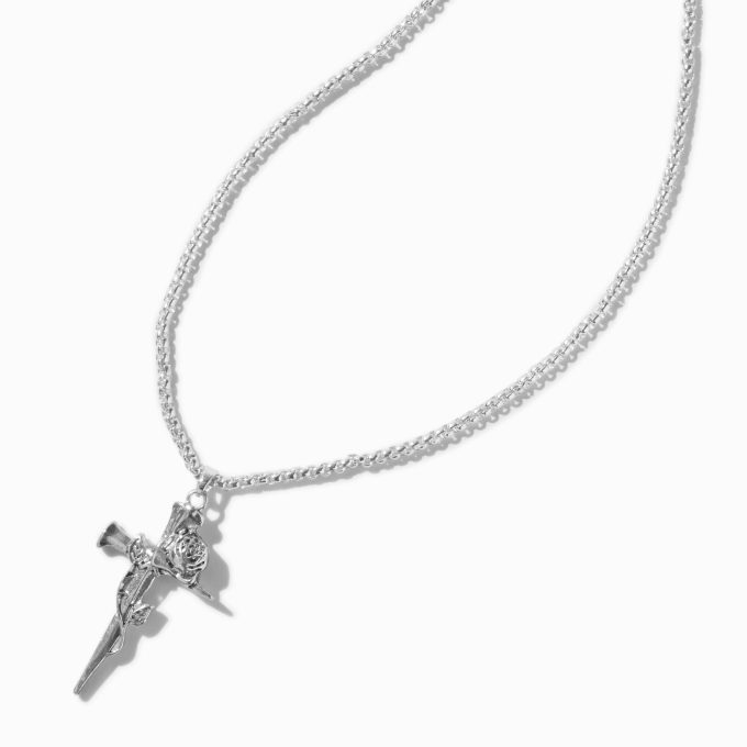 Silver-tone Long Nail Cross Rose Pendant Necklace