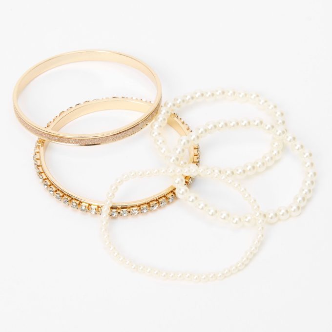 Claire's Club Gold-tone Bangle & Pearl Stretch Bracelet Set - 5 Pack