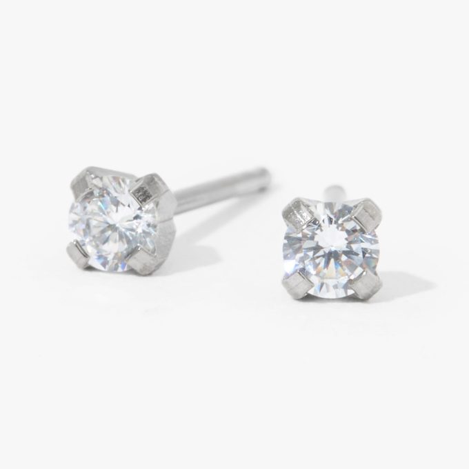 Stainless Steel 3mm Cubic Zirconia Long Post Studs Ear Piercing Kit with Ear Care Solution