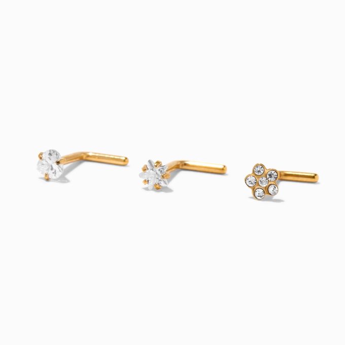 18G Gold-tone Titanium Flower, Heart & Star Nose Studs - 3 Pack