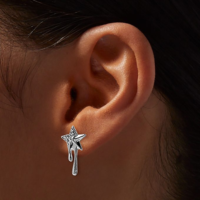 Silver-tone Crystal Dripping Star Stud Earrings
