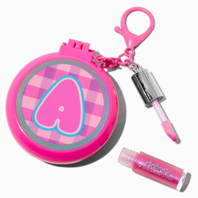 Pink Plaid Initial Hair Brush & Lip Gloss Keychain - A