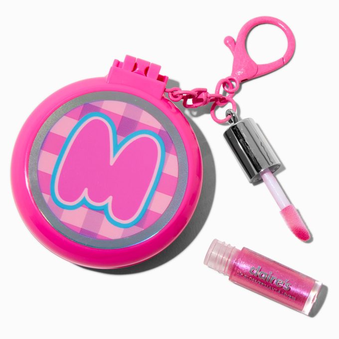 Pink Plaid Initial Hair Brush & Lip Gloss Keychain - M