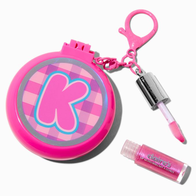 Pink Plaid Initial Hair Brush & Lip Gloss Keychain - K