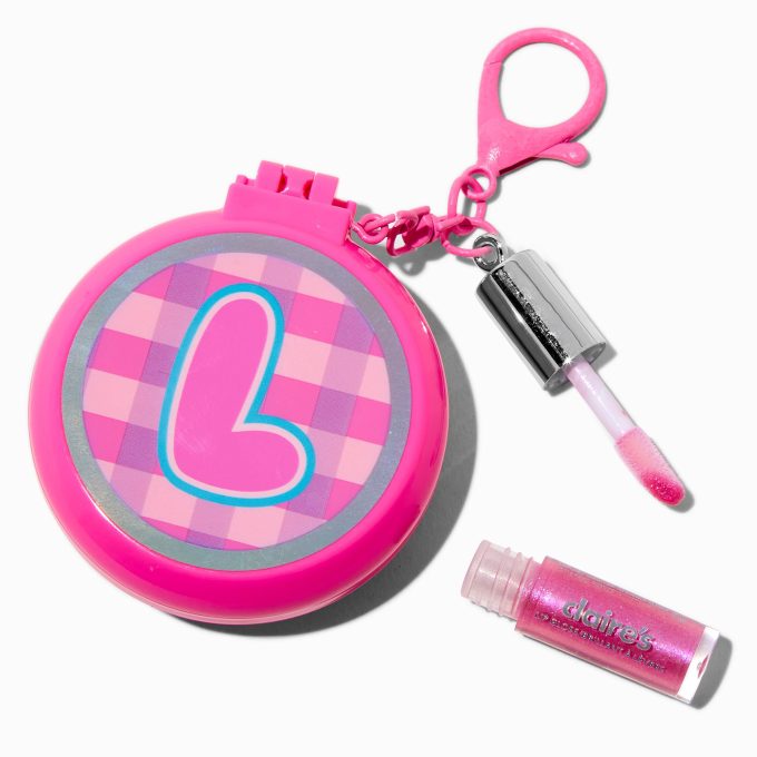 Pink Plaid Initial Hair Brush & Lip Gloss Keychain - L