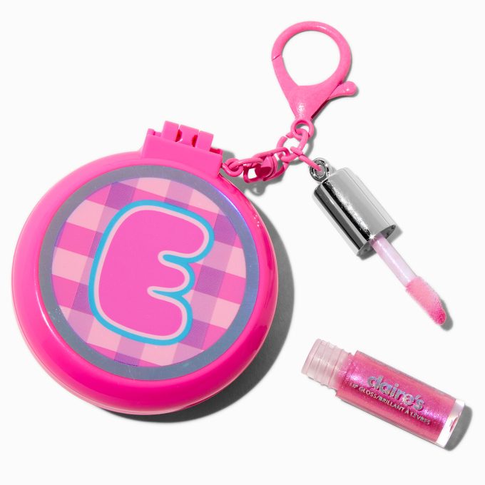Pink Plaid Initial Hair Brush & Lip Gloss Keychain - E