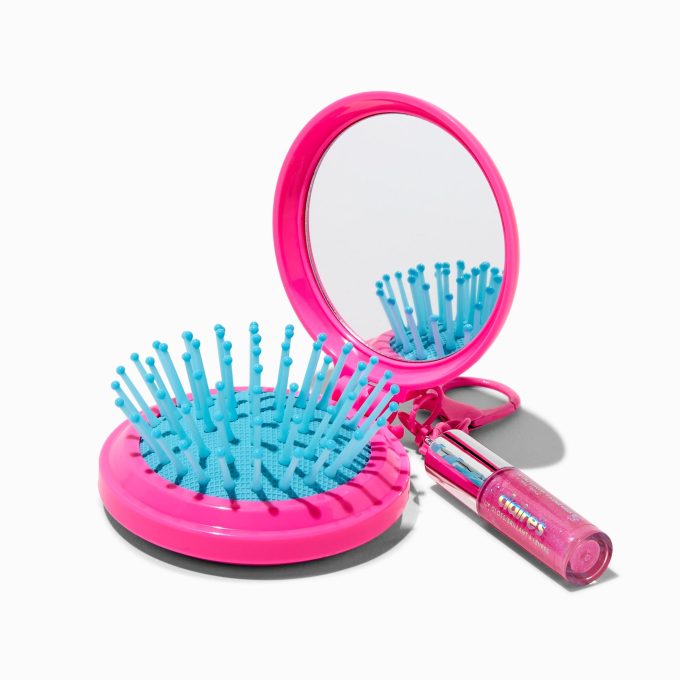 Pink Plaid Initial Hair Brush & Lip Gloss Keychain - S