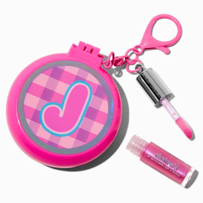 Pink Plaid Initial Hair Brush & Lip Gloss Keychain - J