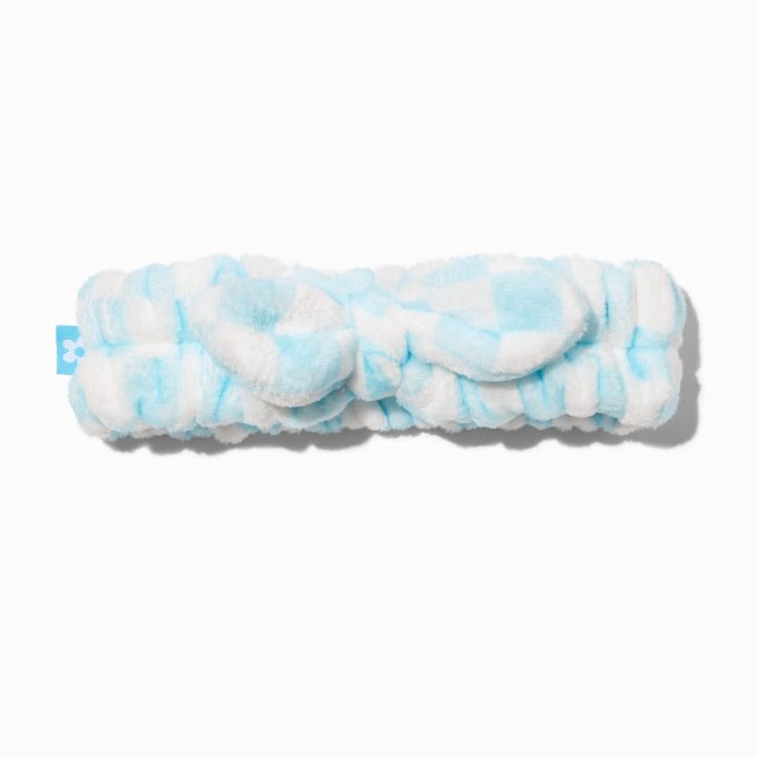 Blue Checkered Furry Makeup Bow Headwrap