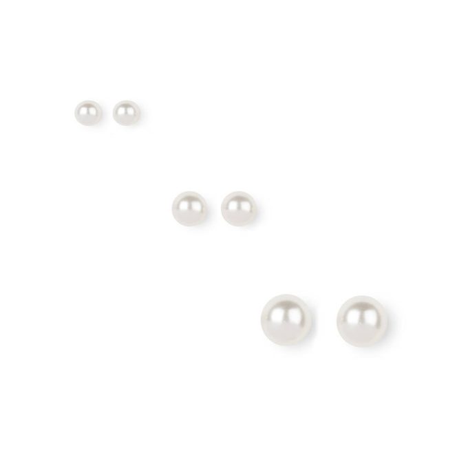 White Pearl 6mm, 7mm, & 8mm Stud Earrings - 3 Pack
