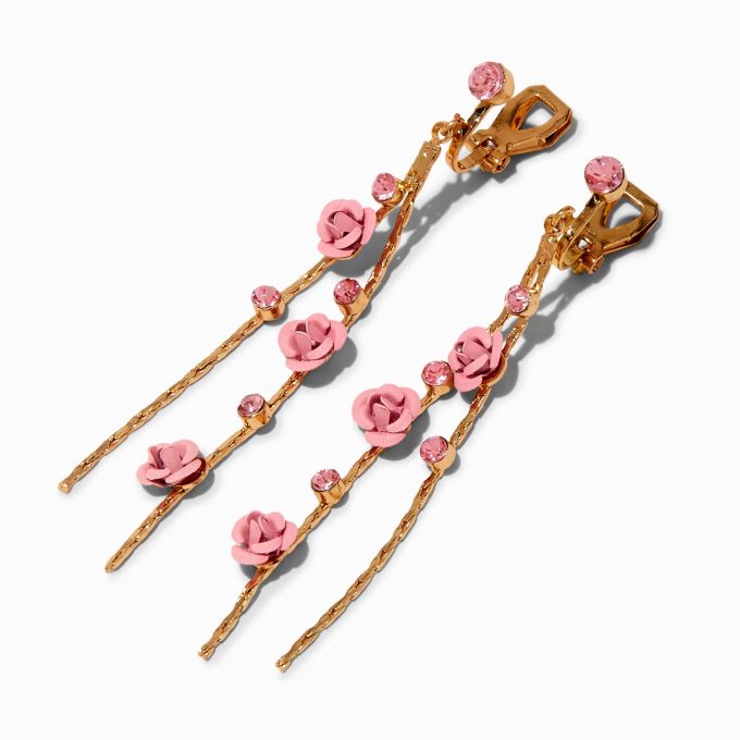 Pink Carved Roses Vine 3" Clip-On Drop Earrings