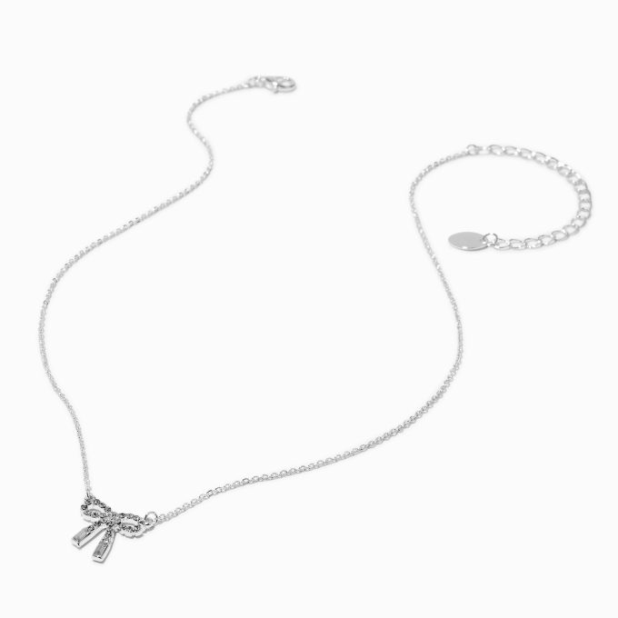 Silver-tone Crystal Bow Pendant Necklace