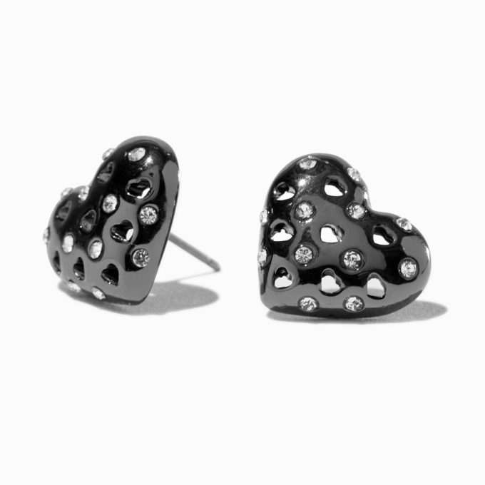 Black Puffy Rhinestone Heart Stud Earrings