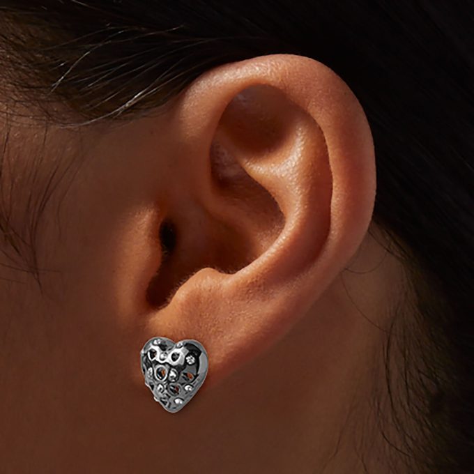 Black Puffy Rhinestone Heart Stud Earrings