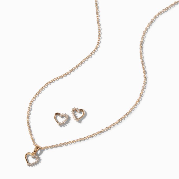 Gold-tone Cubic Zirconia Heart Pendant Necklace & Stud Earrings Set