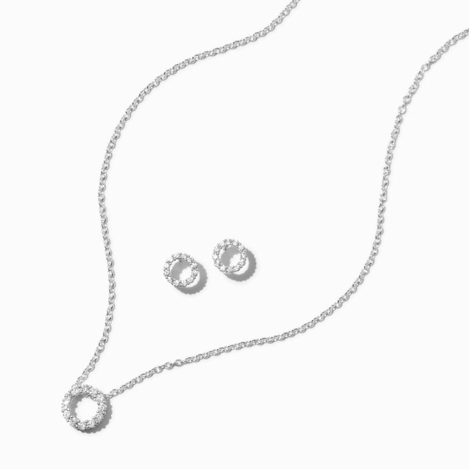 Silver-tone Cubic Zirconia Circle Pendant Necklace & Stud Earrings Set