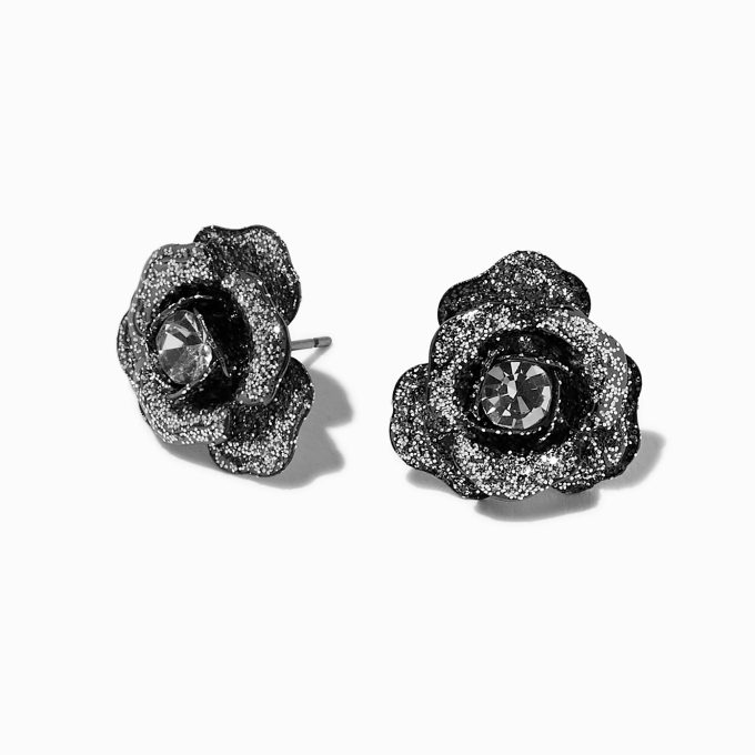 Hematite Glitter Carved Rose Stud Earrings
