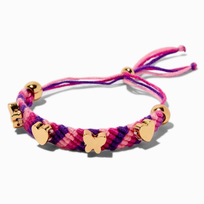 Gold-tone Charm Pink & Purple Woven Bolo Bracelet