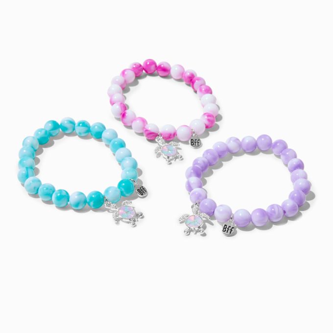 Best Friends Turtle Peace Sign Marble Beaded Stretch Bracelets - 3 Pack