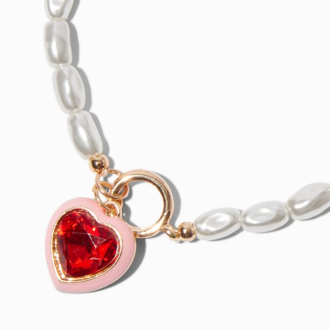 Pearl & Red Heart Charm Bracelet