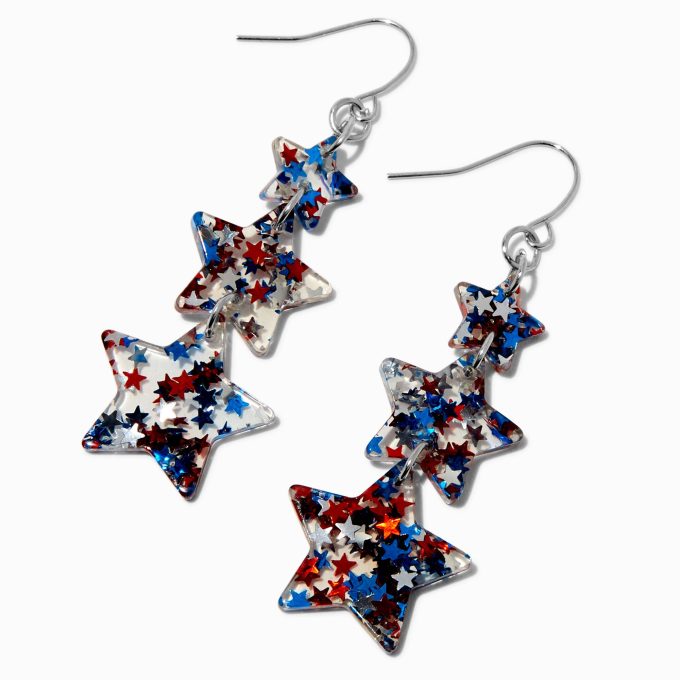 Red, White, & Blue Glitter Star Linear Trio Drop Earrings