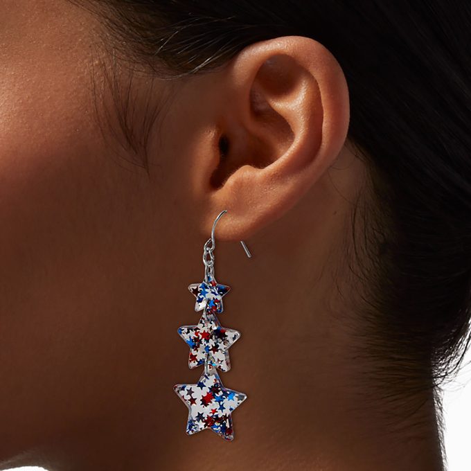 Red, White, & Blue Glitter Star Linear Trio Drop Earrings