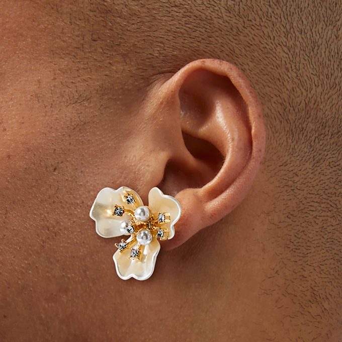 Pearl & Crystal Flower Gold-tone Stud Earrings