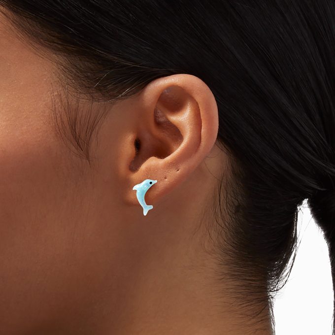 Blue Glitter Dolphin Stud Earrings