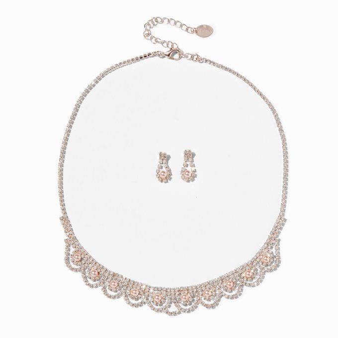 Rose Gold Rhinestone Scalloped Necklace & Earrings Set - 2 Pack