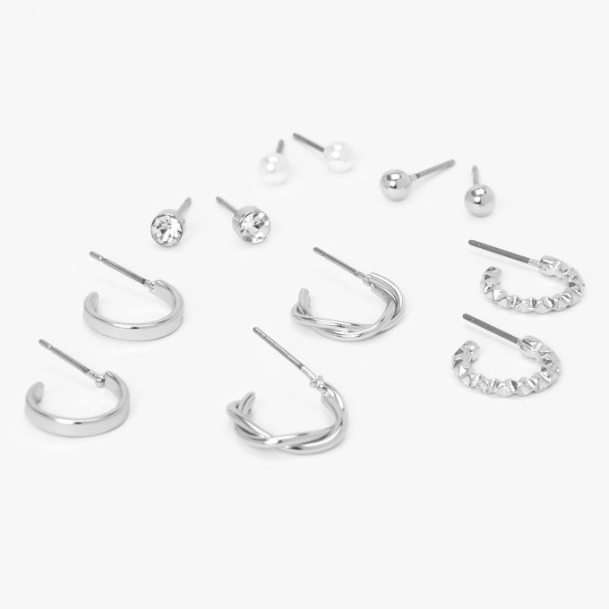 Silver-tone Textured Earrings Set - 6 Pack