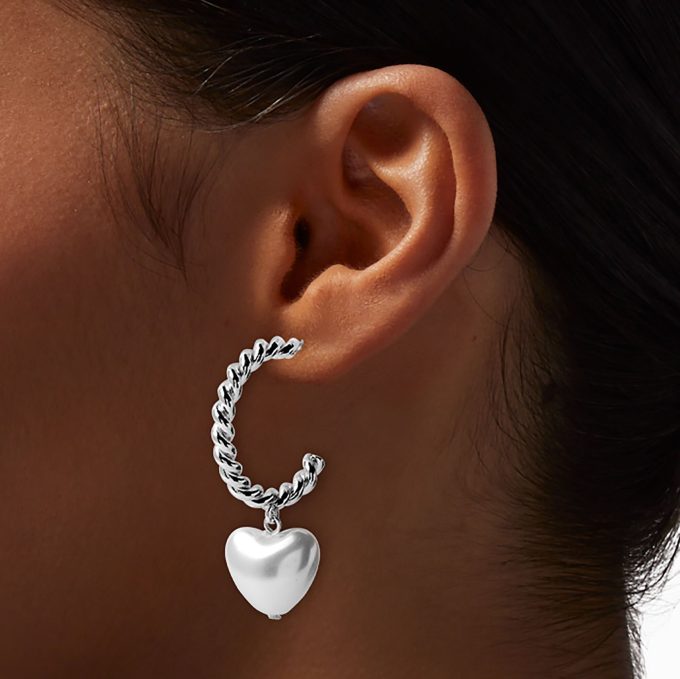 Silver-tone Twisted 30mm Hoops with Pearl Puffy Hearts
